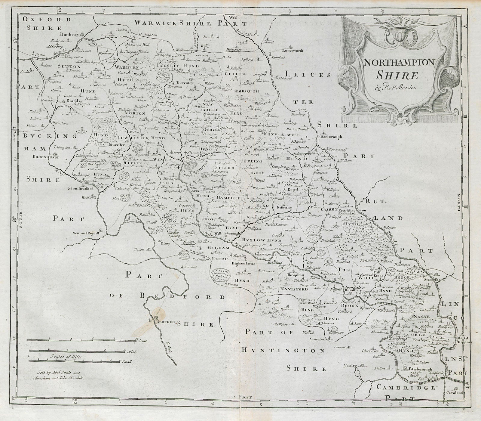 NORTHAMPTONSHIRE by ROBERT MORDEN from Camden's Britannia 1722 old antique map